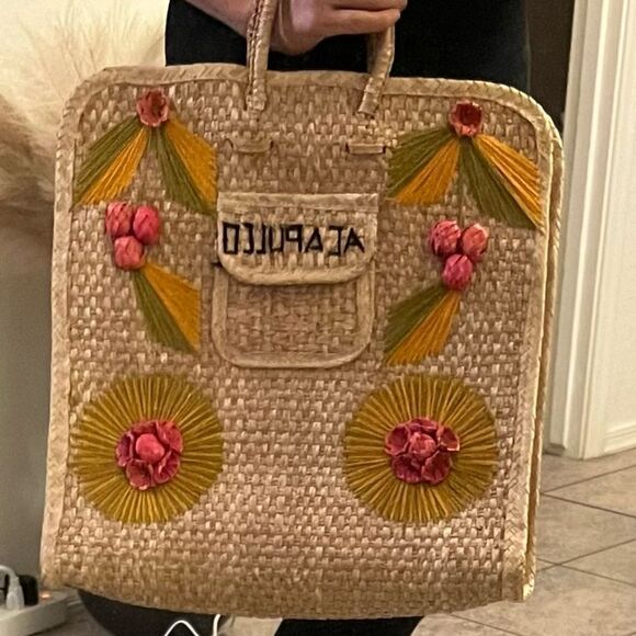 Vintage 60s Acapulco Tote Beach Bag Straw Woven Large Shopper 3D Rattan Flowers - Picture 7 of 12